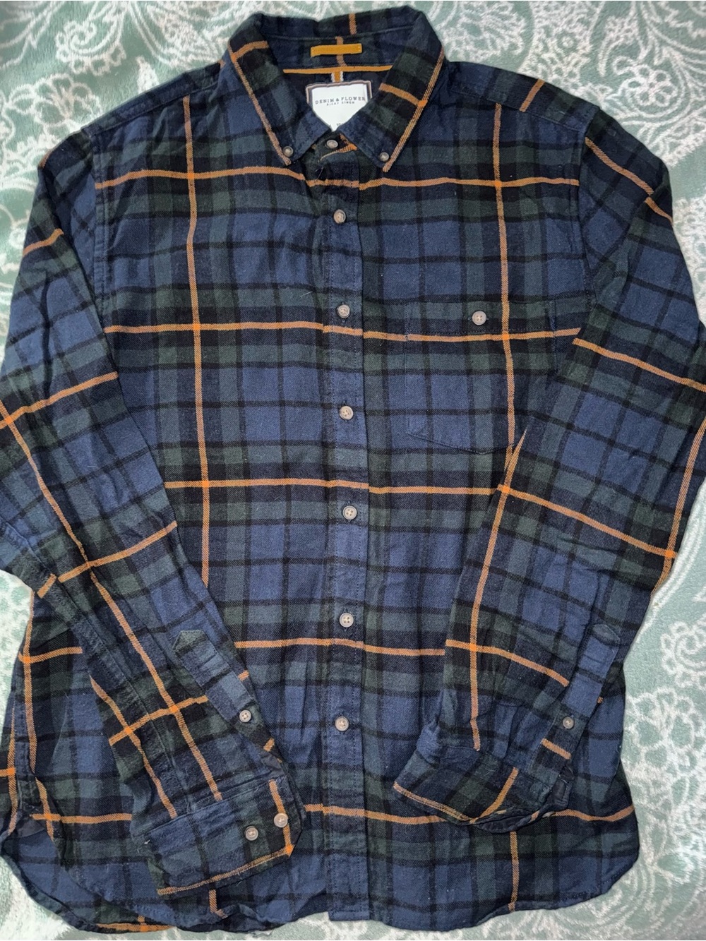 Denim & Flower Navy Plaid Button-Down Shirt with Orange Windowpane